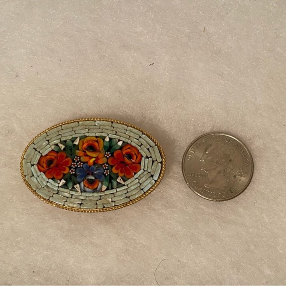 BROOCH PIN GOLD TONE VINTAGE OVAL VENETIAN MOSAIC FLORAL WHITE ORANGE RED GREEN - Picture 4 of 12